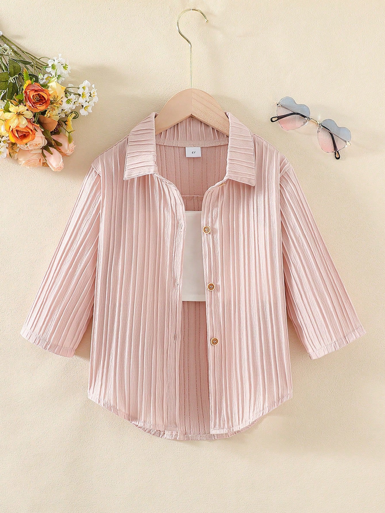 Little Girls'  Wave Striped Texture Fabric Cardigan With Large Lapel Collar, Adjustable Solid Color Nail Button Closure Long Sleeve Simple Daily/Vacation/Party/Casual Comfortable Jacket