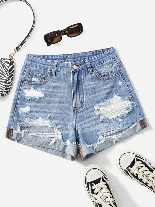 Women's Frayed Hem Casual Denim Shorts With Ripped Pockets