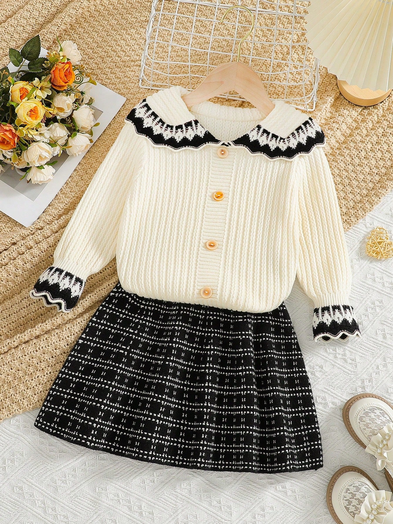 Young Girls' Sweater Co-Ords Knitted Set With Skirt, Casual & Elegant For Baby Girls With Vintage, Classic, And Quiet Style; Suitable For Staying At Home, , And Attending School With College & British Style