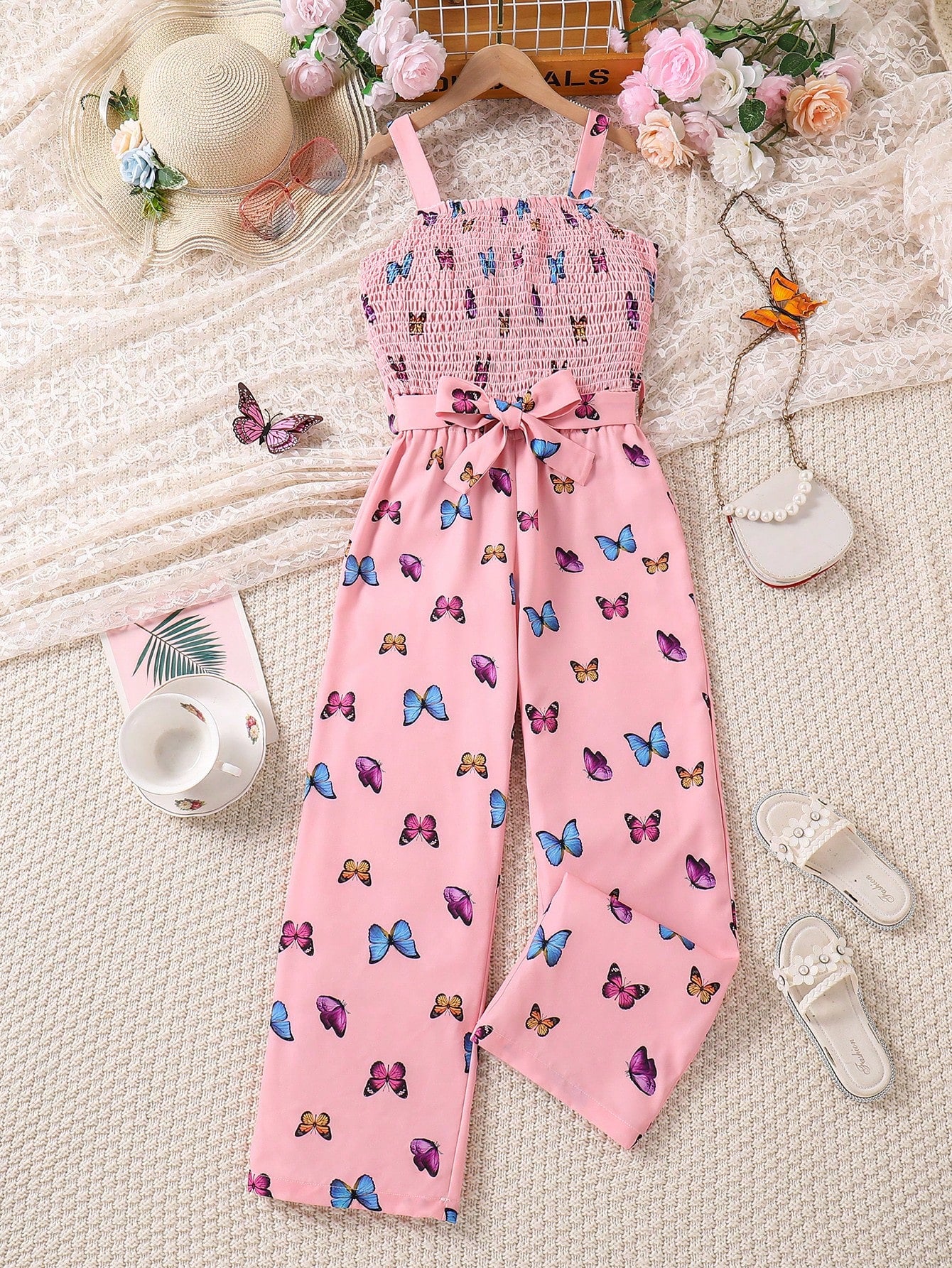 Tween Girl Butterfly Print Shirred Cami Jumpsuit