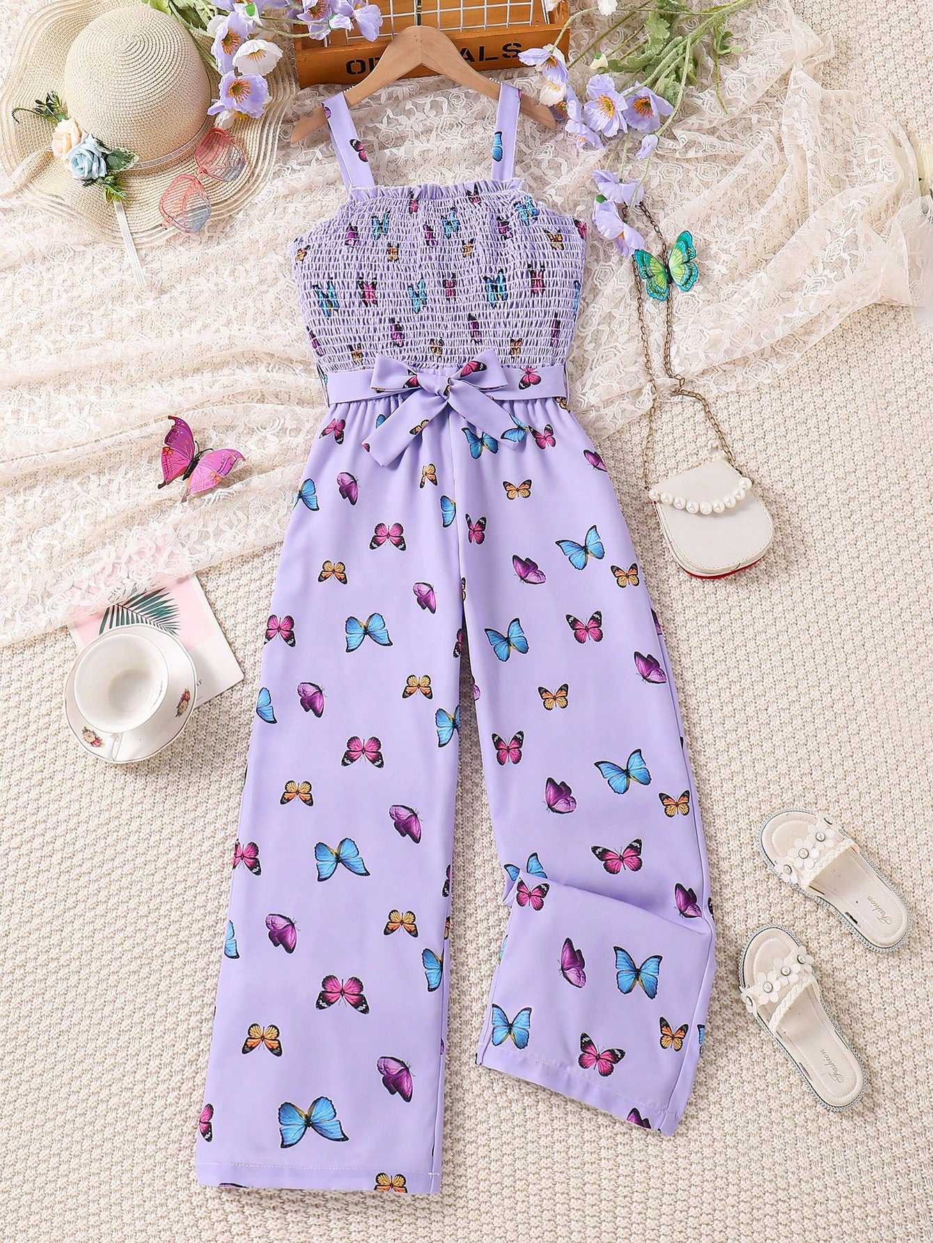 Tween Girl Butterfly Print Shirred Cami Jumpsuit