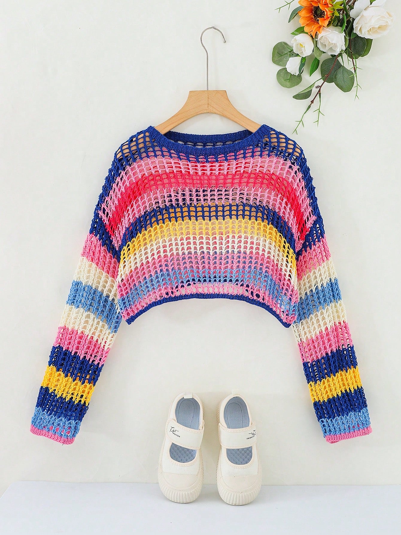 Tween Girl Loose Elegant Cropped Rainbow Striped Crewneck Pullover Sweater With Long Sleeves