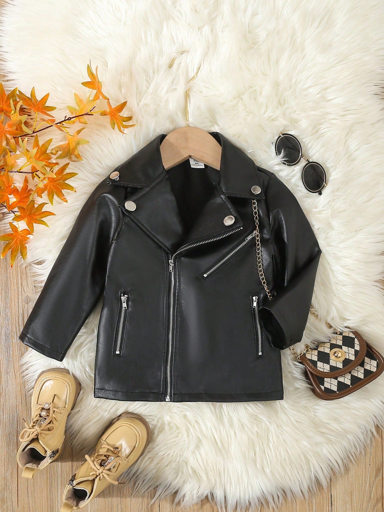 Girls' Single Piece Black Faux Leather Jacket With Turn-Down Collar, Front Buttoned Opening With Black Copper Auto Puller Zipper, 3 False Pockets With Black Auto Head And Closed End Zipper, For Street Style, Autumn And Winter