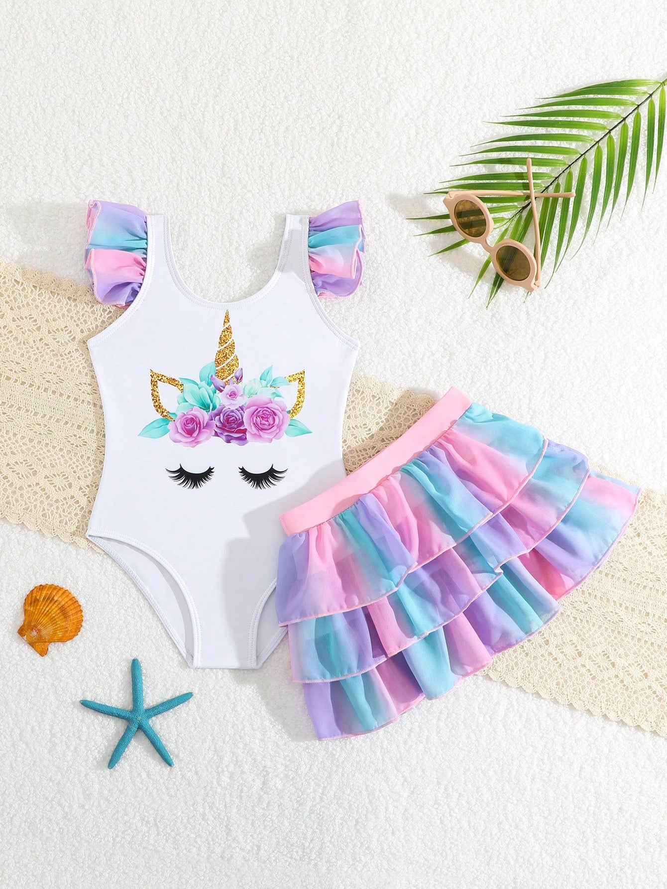 2pcs Cute Unicorn Print Young Girls Swimwear Set, Mesh Patchwork Ruffle Hem Tie Dye Cake Skirt Swimsuit With Cover Up