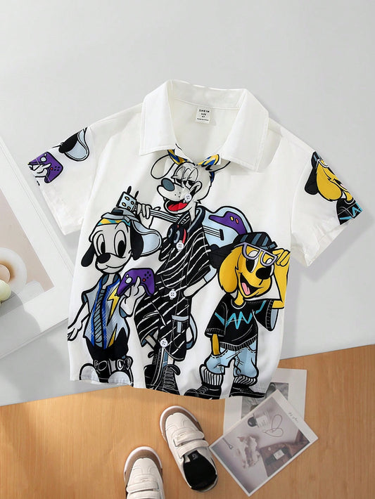 Tween Boys' Extended Size Casual Cartoon Printed Turn Down Collar Short Sleeve Woven Shirt