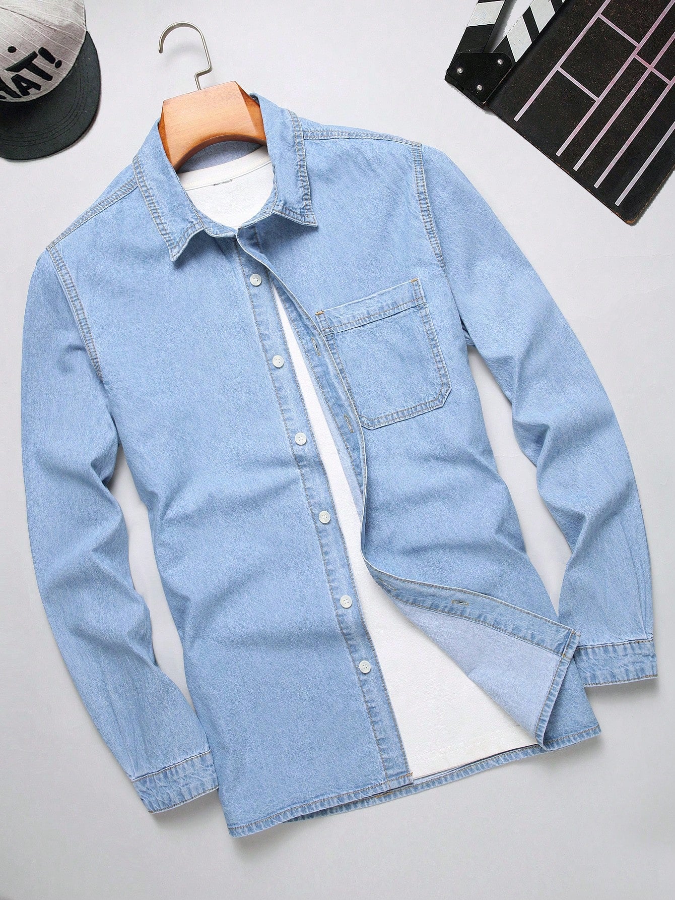 Men's Casual Long Sleeve Denim Shirt, Washed