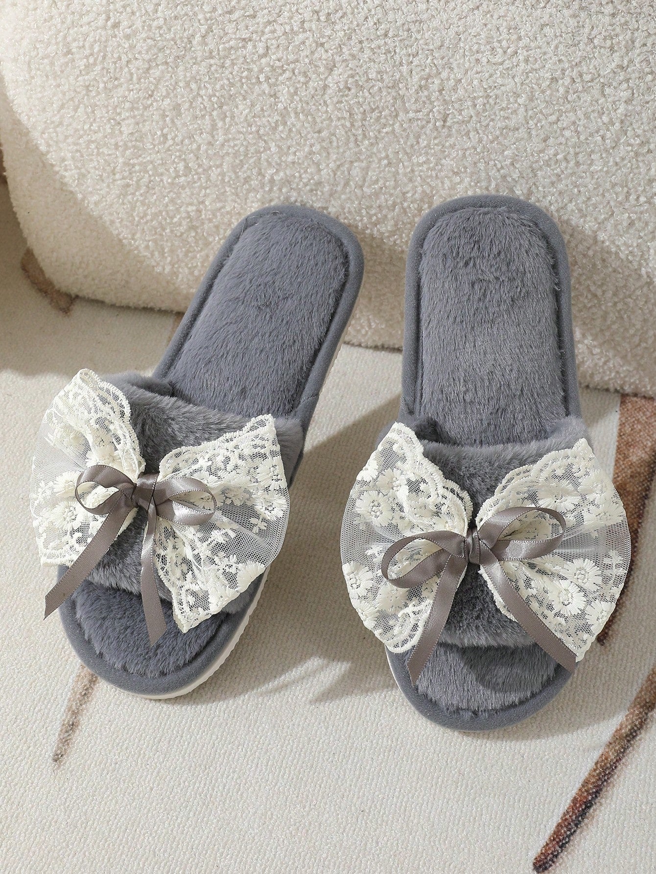 Women's Bowknot Furry Slippers, Spring/Autumn/Winter, Silent & Lightweight, Suitable For Home And Postpartum Recovery