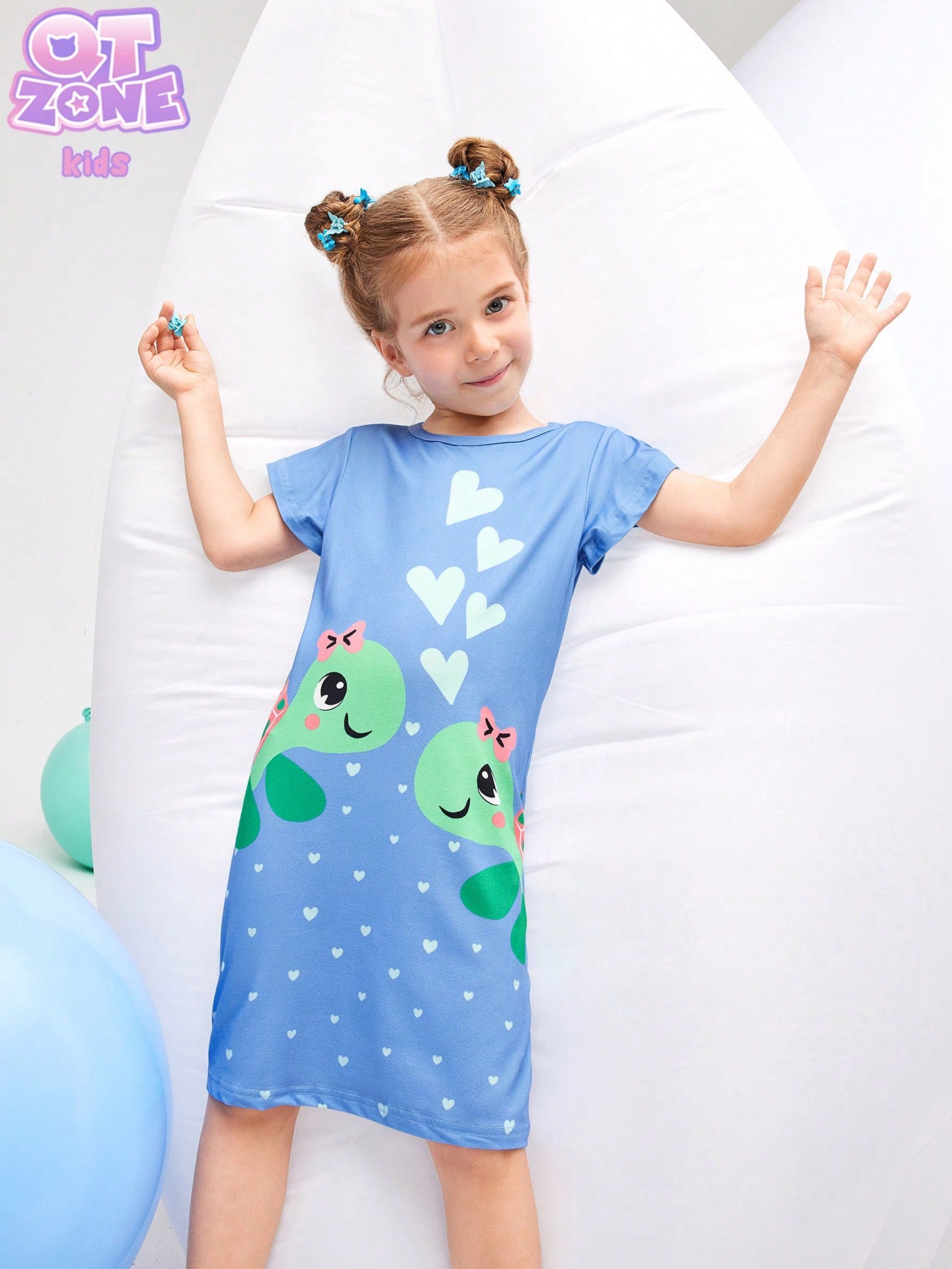 Girls' Simple Round Neck Short Sleeve Sleep Dress With Turtle Print