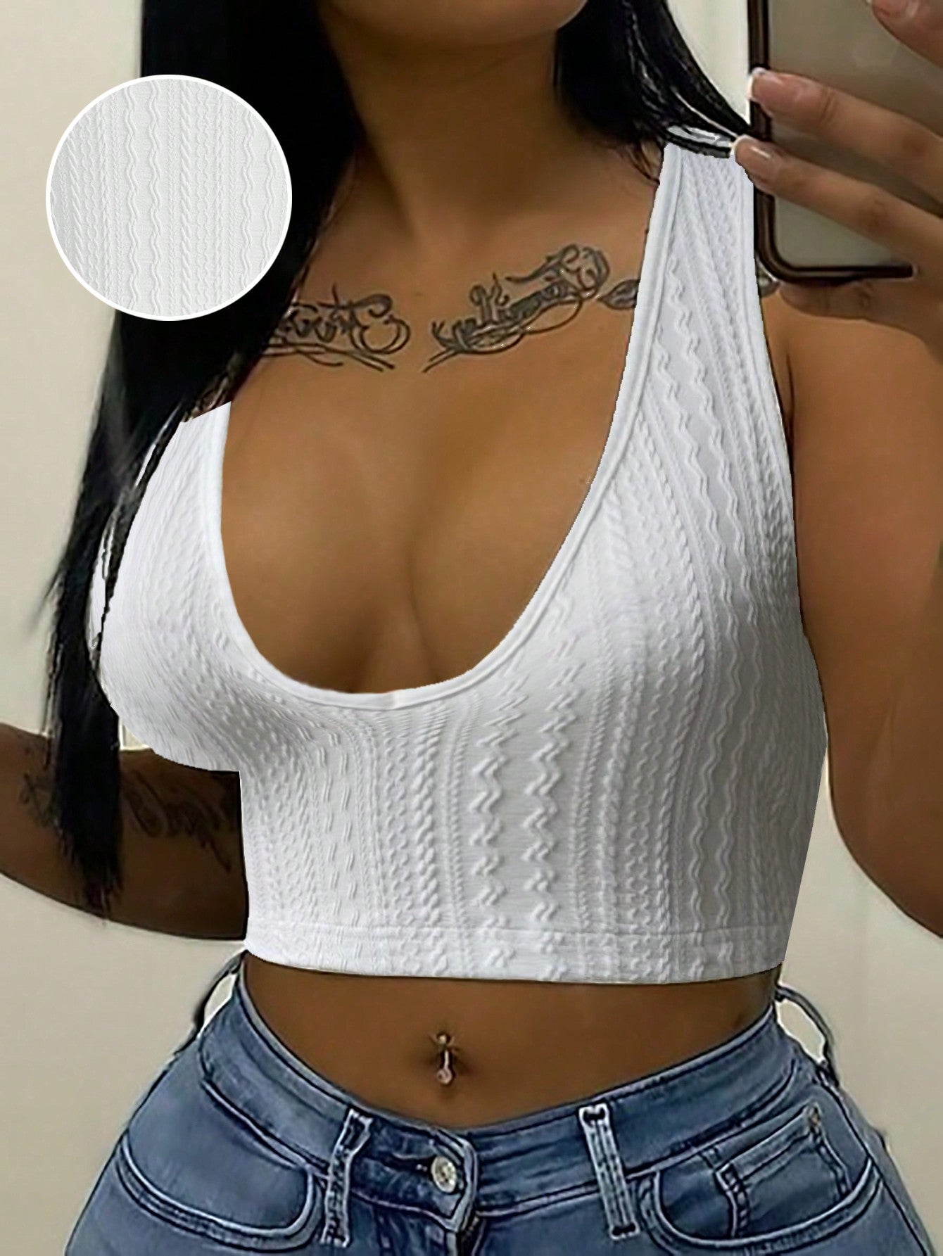 Sexy Casual Basic White Ribbed Women Camisole Top With Low Cut V-Neckline For Music Festival