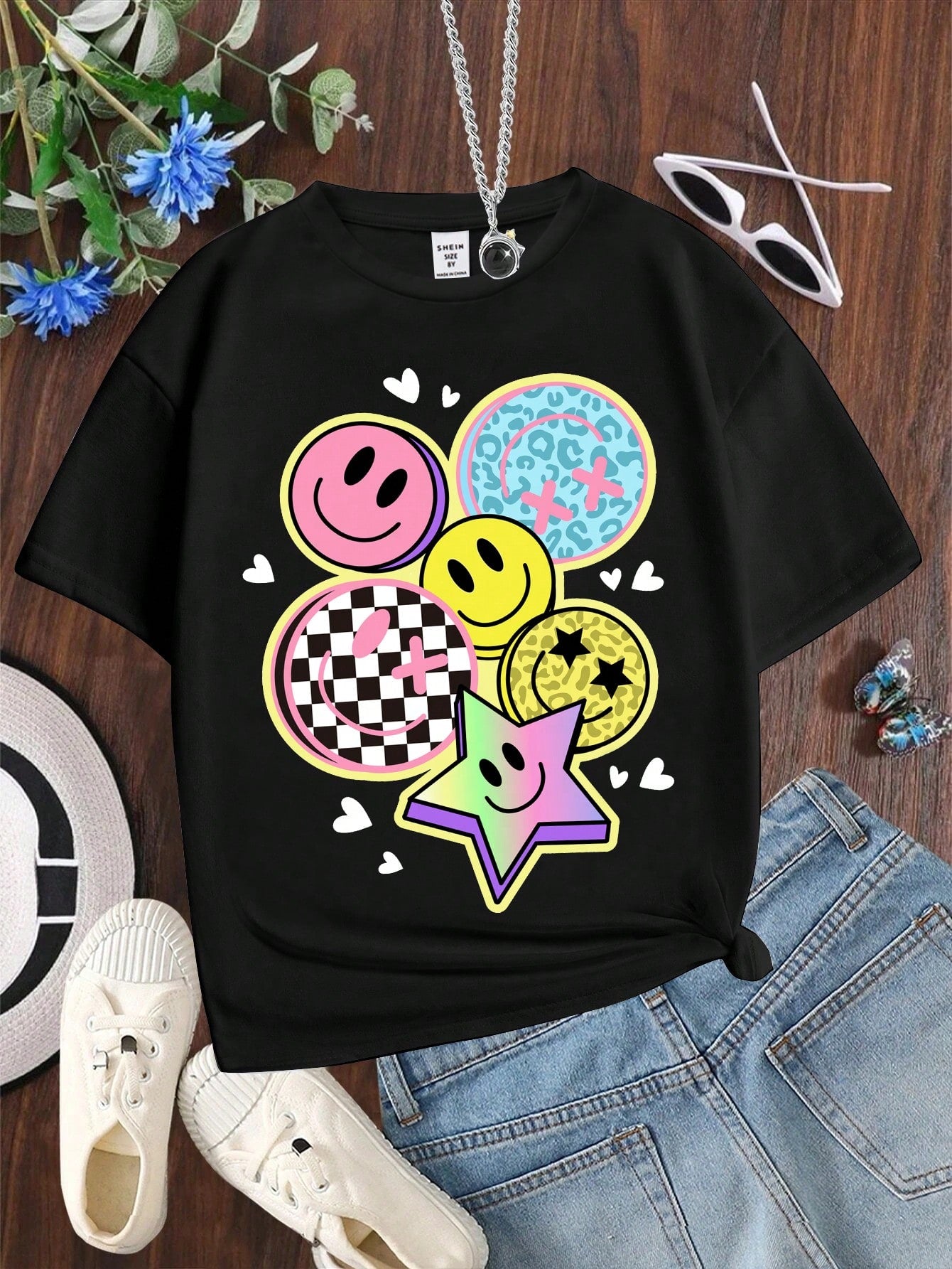 Tween Girl Summer Casual Simple Cartoon Smiling Face & Five-Pointed Star Pattern Pink Short Sleeve T-Shirt, Round Neck