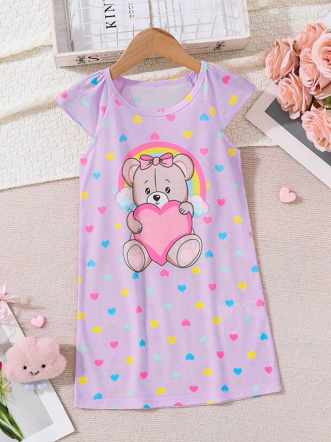 Girls' Rainbow Teddy Bear Heart Printed Flame-Resistant Round Neck Short Sleeve Nightgown