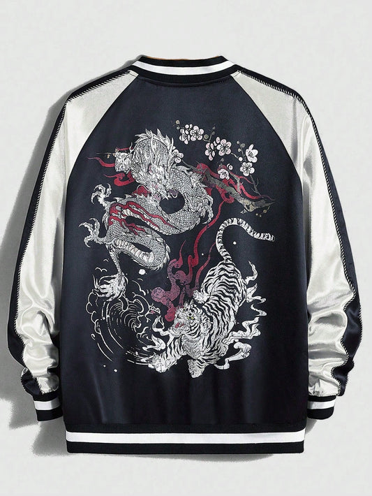 Men's Plus Size Jacquard Dragon & Tiger Fighting Pattern Baseball Collar Raglan Sleeve Loose Yokosuka Jacket