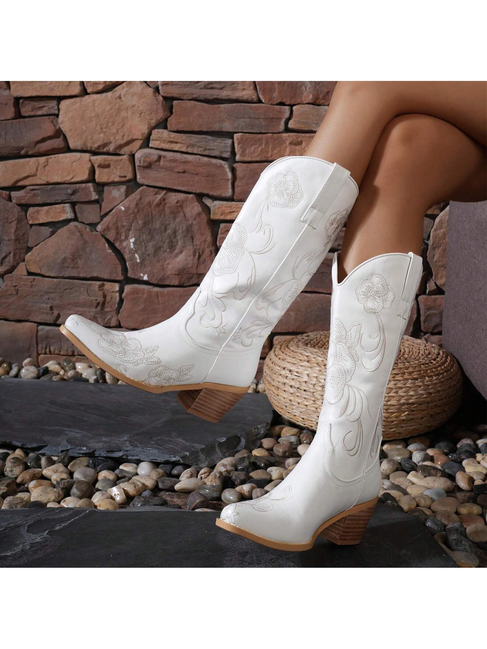 Women's Western Cowboy Boots Embroidered Mid-Calf Chunky Pointed Toe Cowgirl Boot Accommodate Both Regular And Wide Calf Pull On Ladies Block Casual Shoes