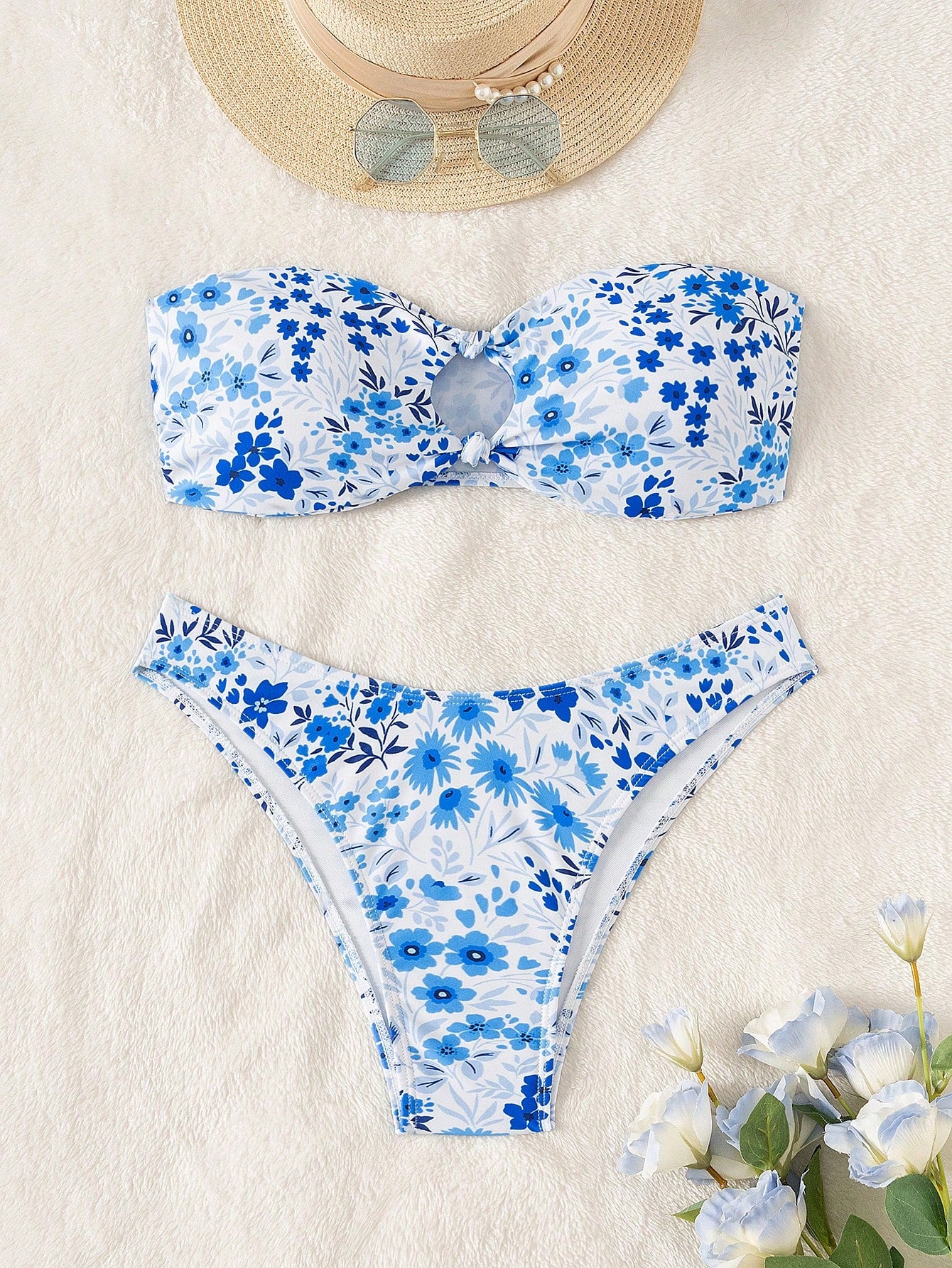 Swim Women Summer Beach Random Flower Print Hollow Out Bandeau Bikini Set