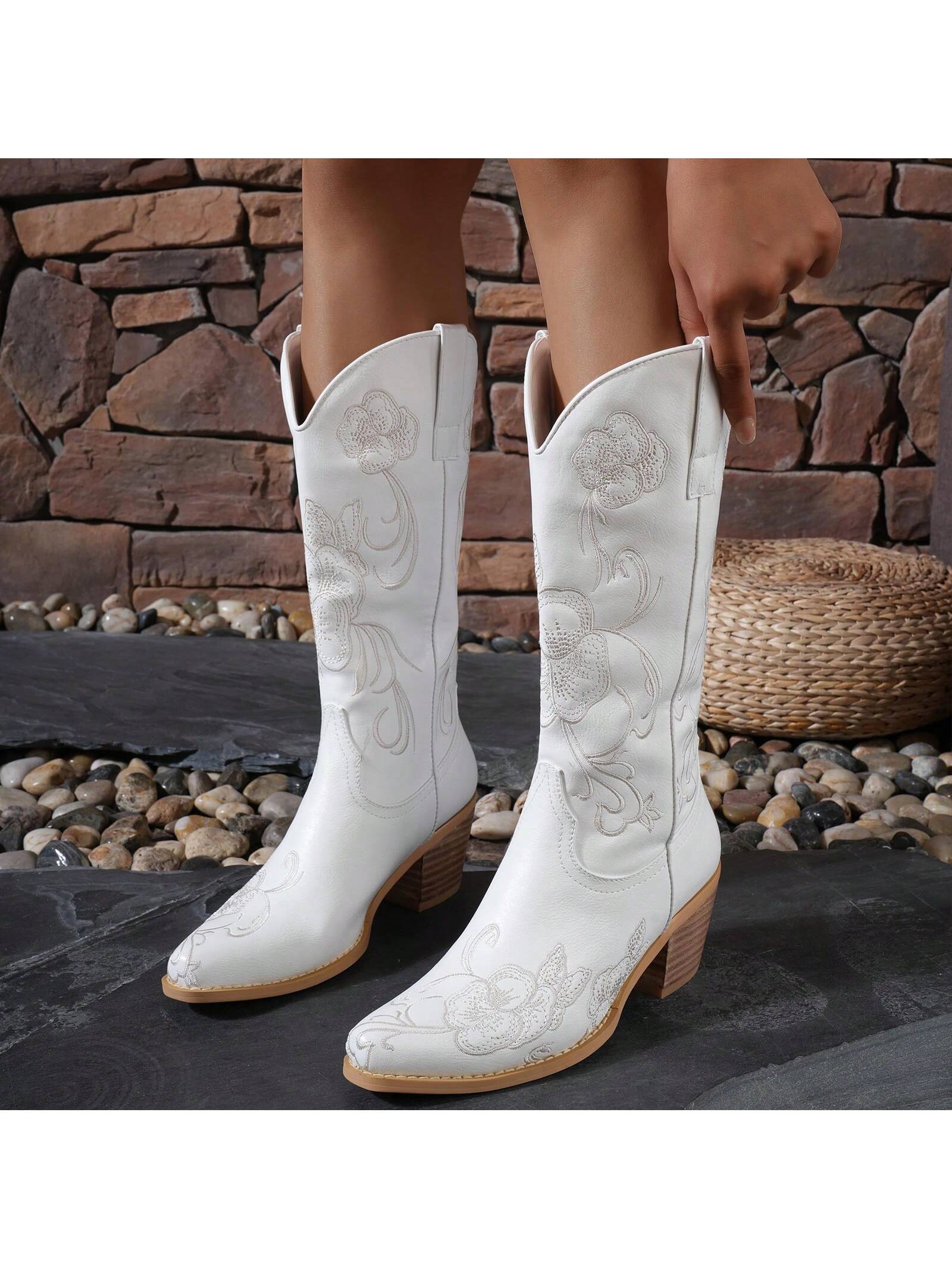 Women's Mid-Calf Cowboy Boots Pull On Fashion Cowgirl Boots Mid Calf Western Boots Embroidered Chunky Pointed Toe Cowgirl Boot Accommodate Both Regular And Wide Calf Ladies Block Casual Shoes