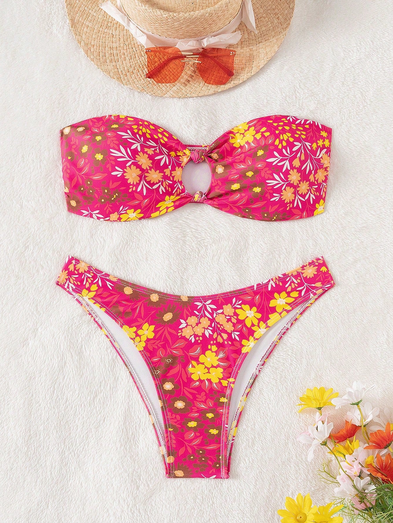 Swim Women Summer Beach Random Flower Print Hollow Out Bandeau Bikini Set