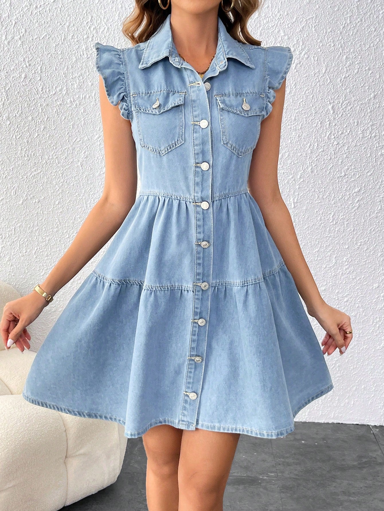 Frenchy Women's Light Denim Flying Sleeve Dress For Spring/Summer, Casual, Stylish And Comfortable Jeans Dress