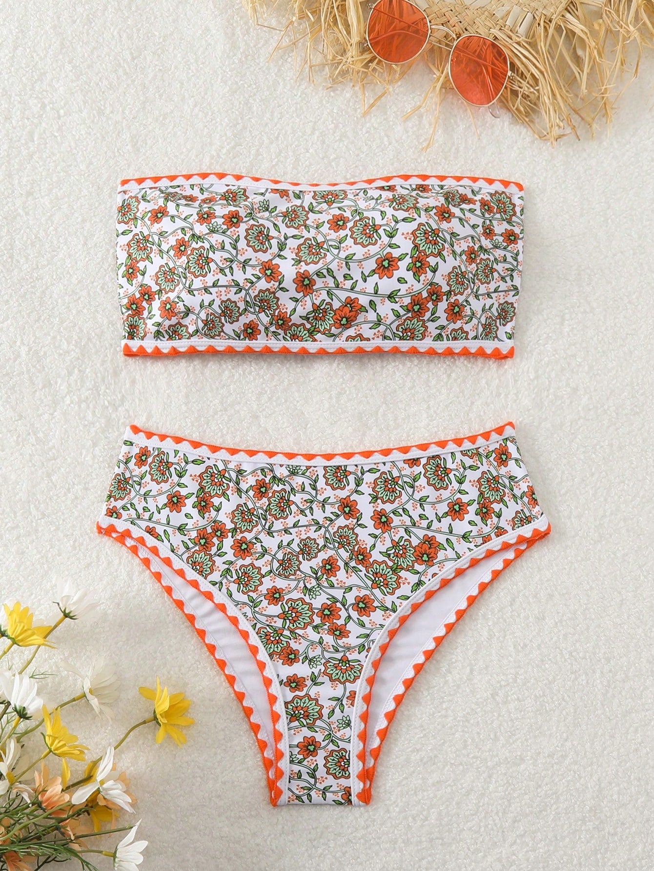 Swim Women's Floral Print Strapless Bikini Set, Random Print, Bandeau Two Piece Swimwear Bathing Suit Beach Outfit Summer Vacation,Summer Beach