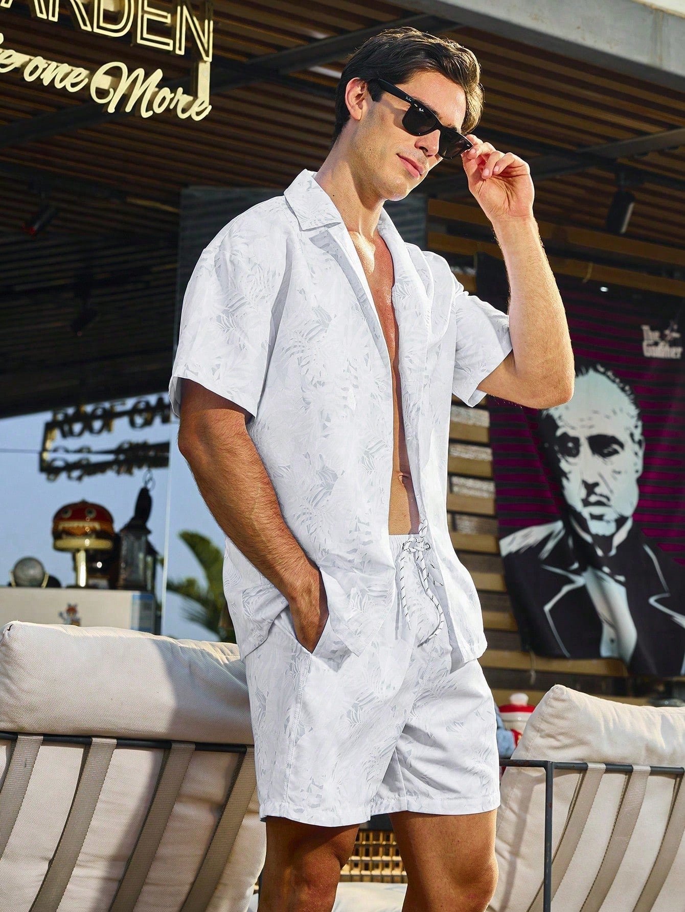 Men's Solid Color Short Sleeved Button-Up Top And Pocketed Drawstring Shorts Summer Beach Outfit