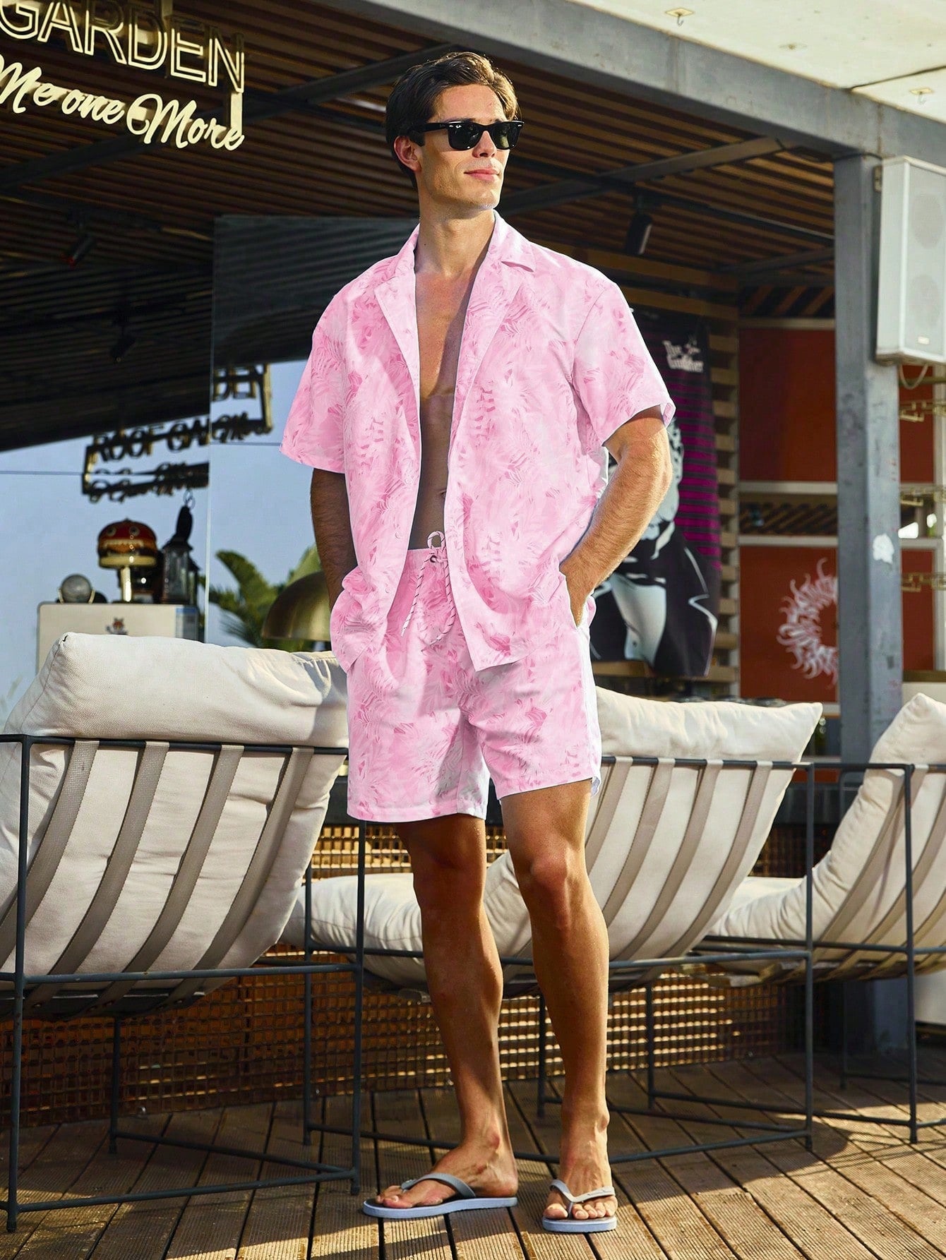 Men's Solid Color Short Sleeved Button-Up Top And Pocketed Drawstring Shorts Summer Beach Outfit