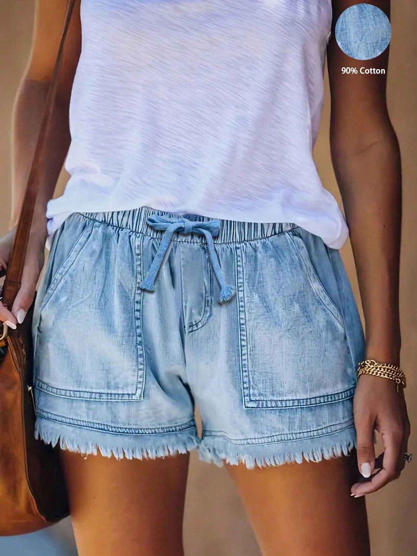 Women's Elastic Waist Frayed Denim Shorts For Vacation And Leisure