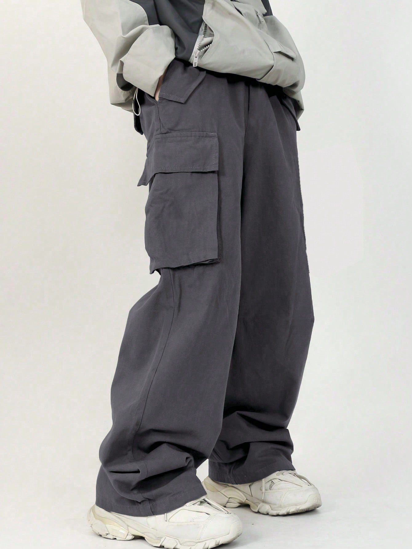 Tween Boy Vacation College Style Relaxed Fit Plain Cargo Pants With Slanted Pockets, Straight Leg