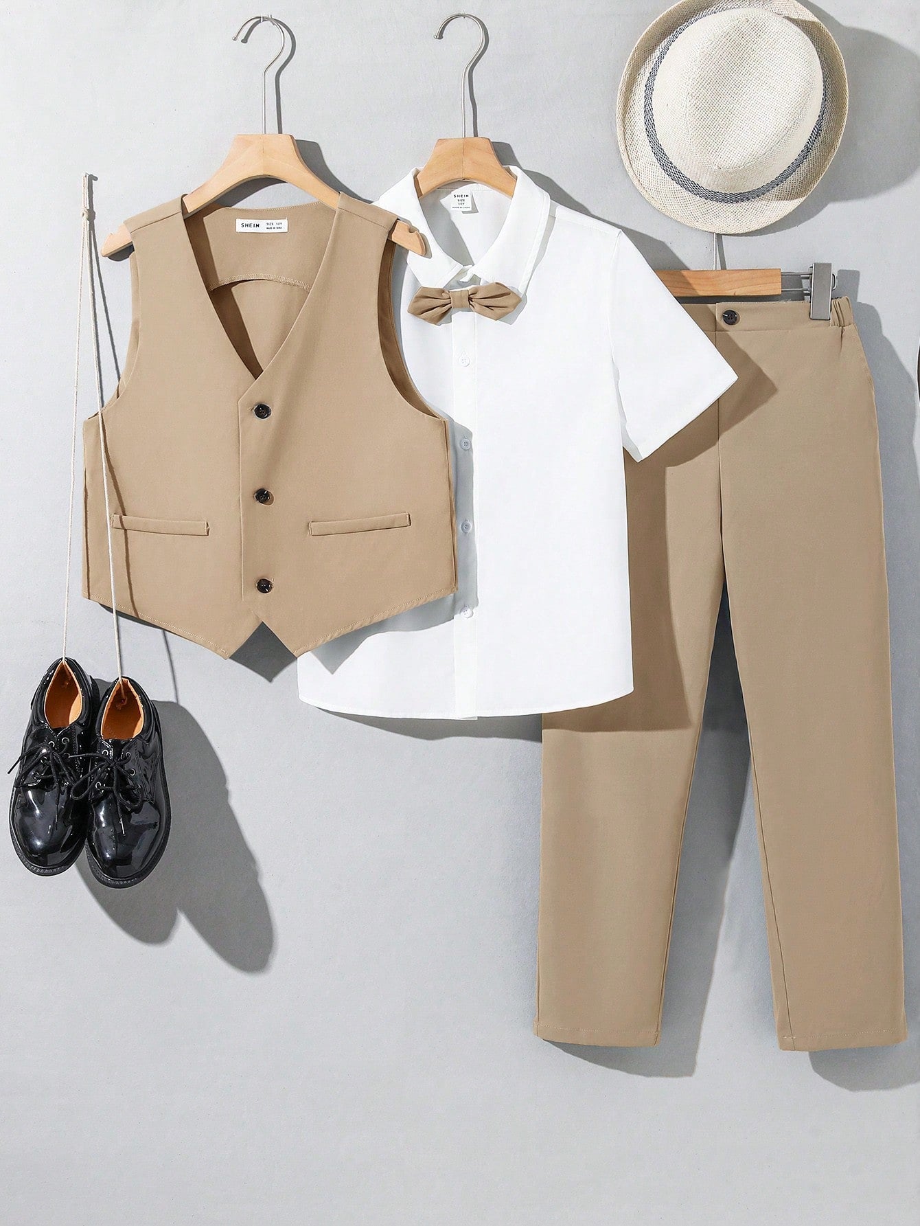 Tween Boys' Resort Academy Style Solid Color Short Sleeve Shirt, Gentleman Style Waistcoat And Trousers Woven 3pcs Suit, For Formal Occasions