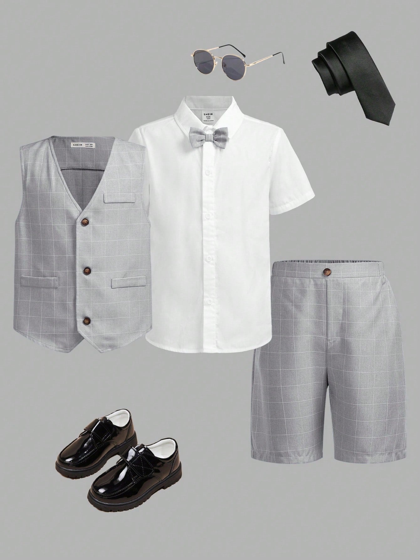 3pcs/Set Tween Boys' Preppy Style Collared Bow Tie Shirt, Plaid Vest, And Shorts Gentleman Outfit