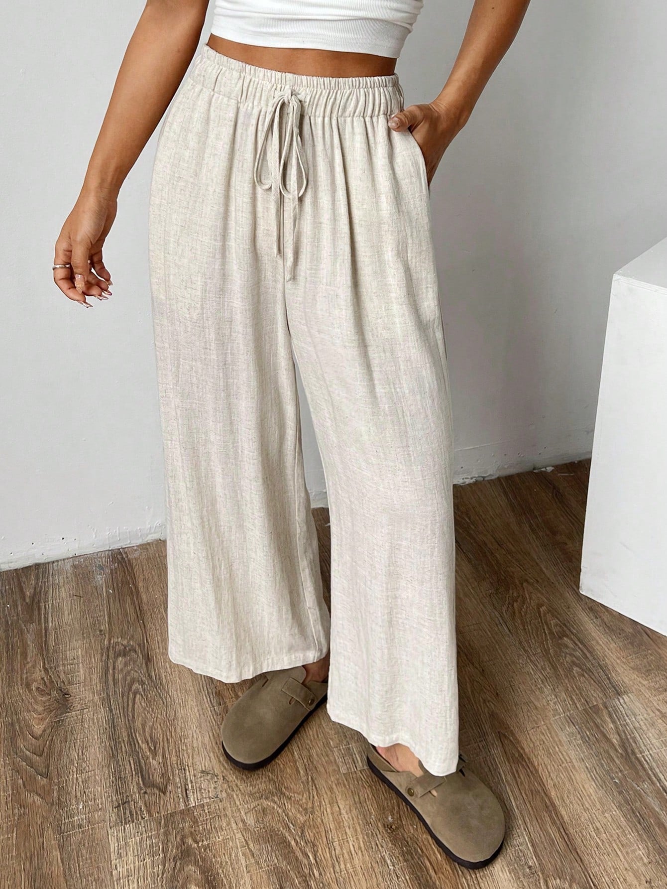 Cotton  Loose Texture Wrinkle Fabric Drawstring Waist Long Pants