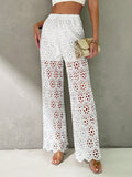Ladies' Summer Elegant Vacation Beach Music Festival Lace Crochet Hollow Out See-Through Drawstring Tassel White Wide Leg Pants Teacher Pants Women Vintage Clothes Back To School Cruise Women Outfits