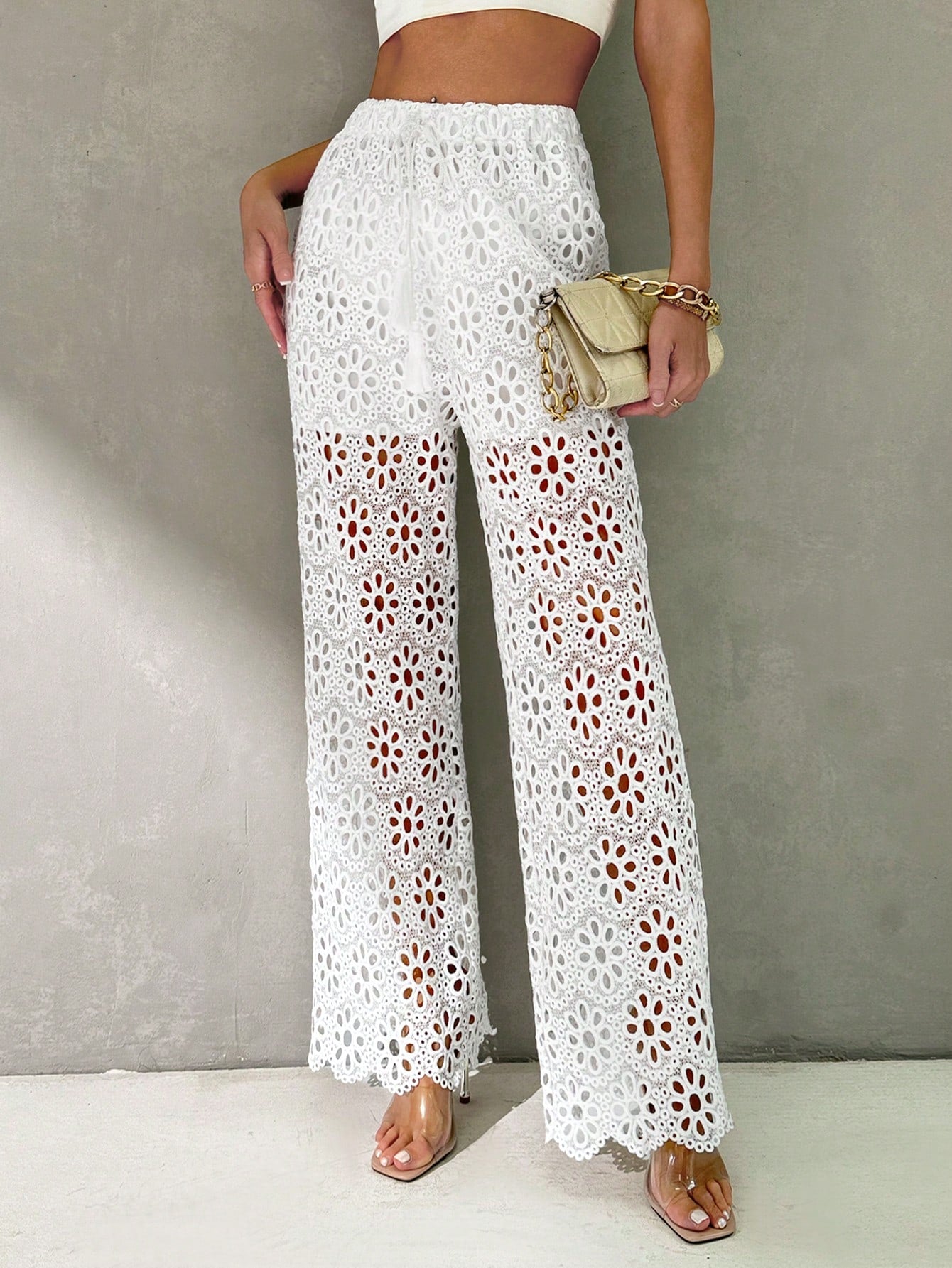 Ladies' Summer Elegant Vacation Beach Music Festival Lace Crochet Hollow Out See-Through Drawstring Tassel White Wide Leg Pants Teacher Pants Women Vintage Clothes Back To School Cruise Women Outfits