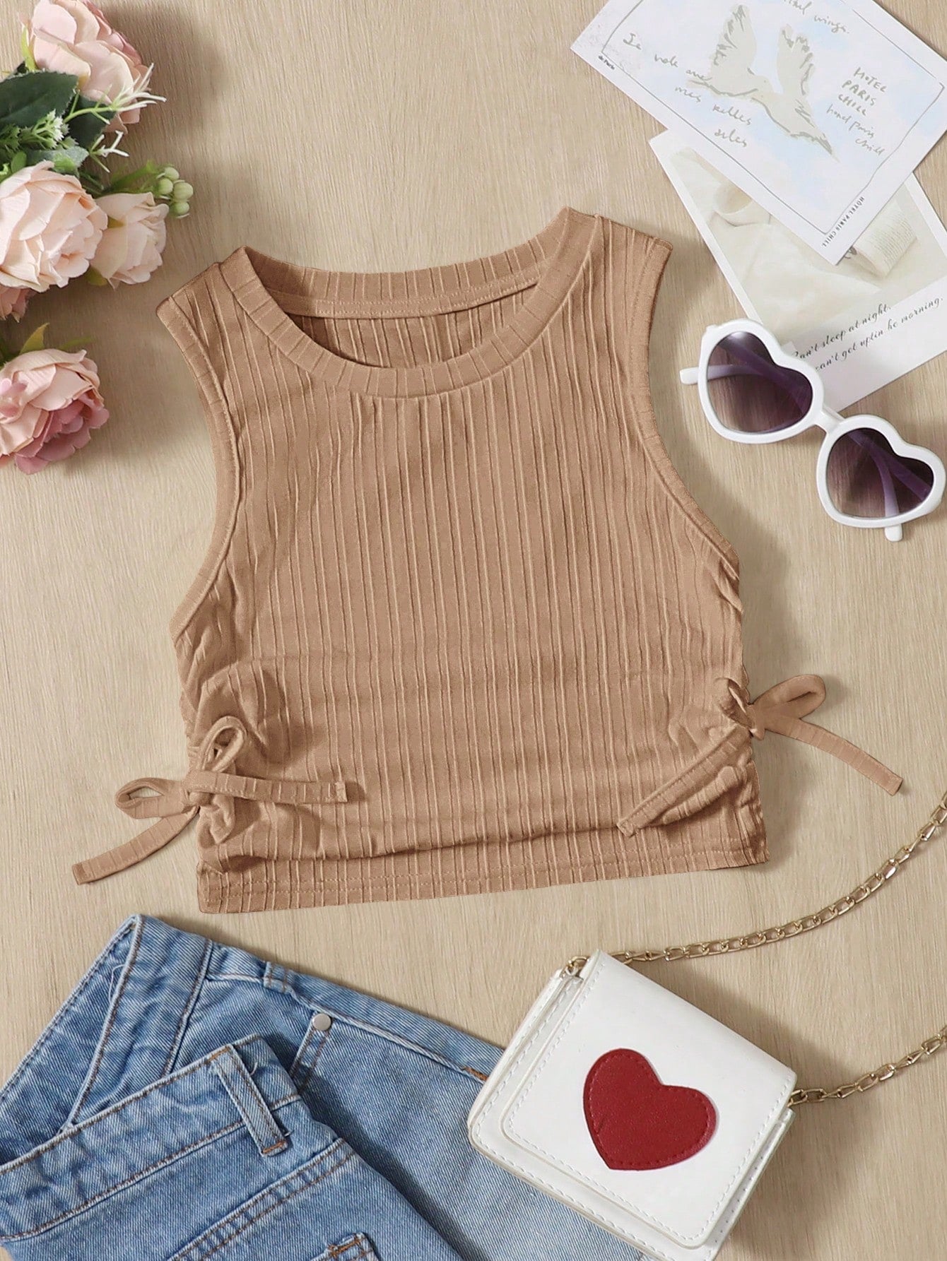 Solid Color Casual Round Neck Tank Top With Pleated Hem And Side Knot Detail For Young Girls