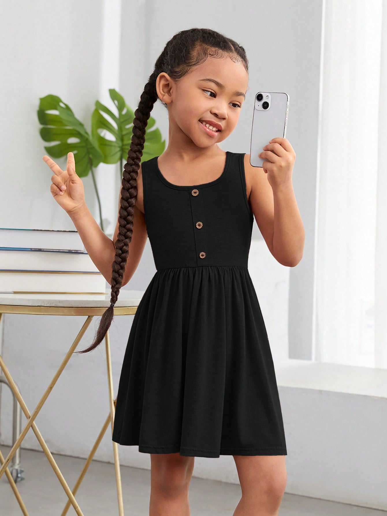 Young Girl Daily Outfit Sweet Solid Knit Sleeveless Dress For Spring And Summer