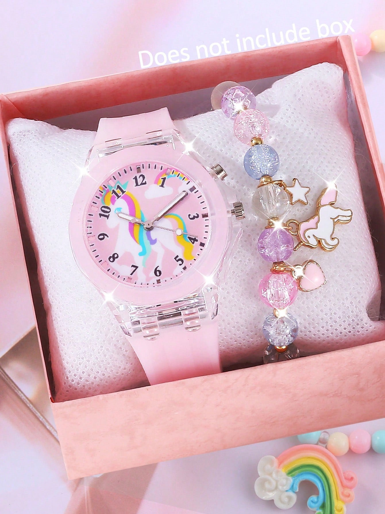 2pcs Girls' Light-Up Watch Set, LED Cartoon Unicorn Design Quartz Watch And Beaded Bracelet