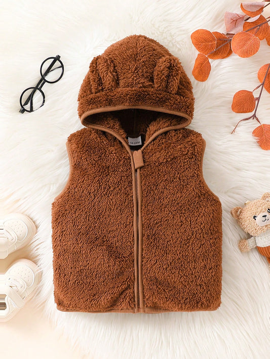 Autumn/Winter Girls' Casual Brown Fleece Lined Hooded Vest