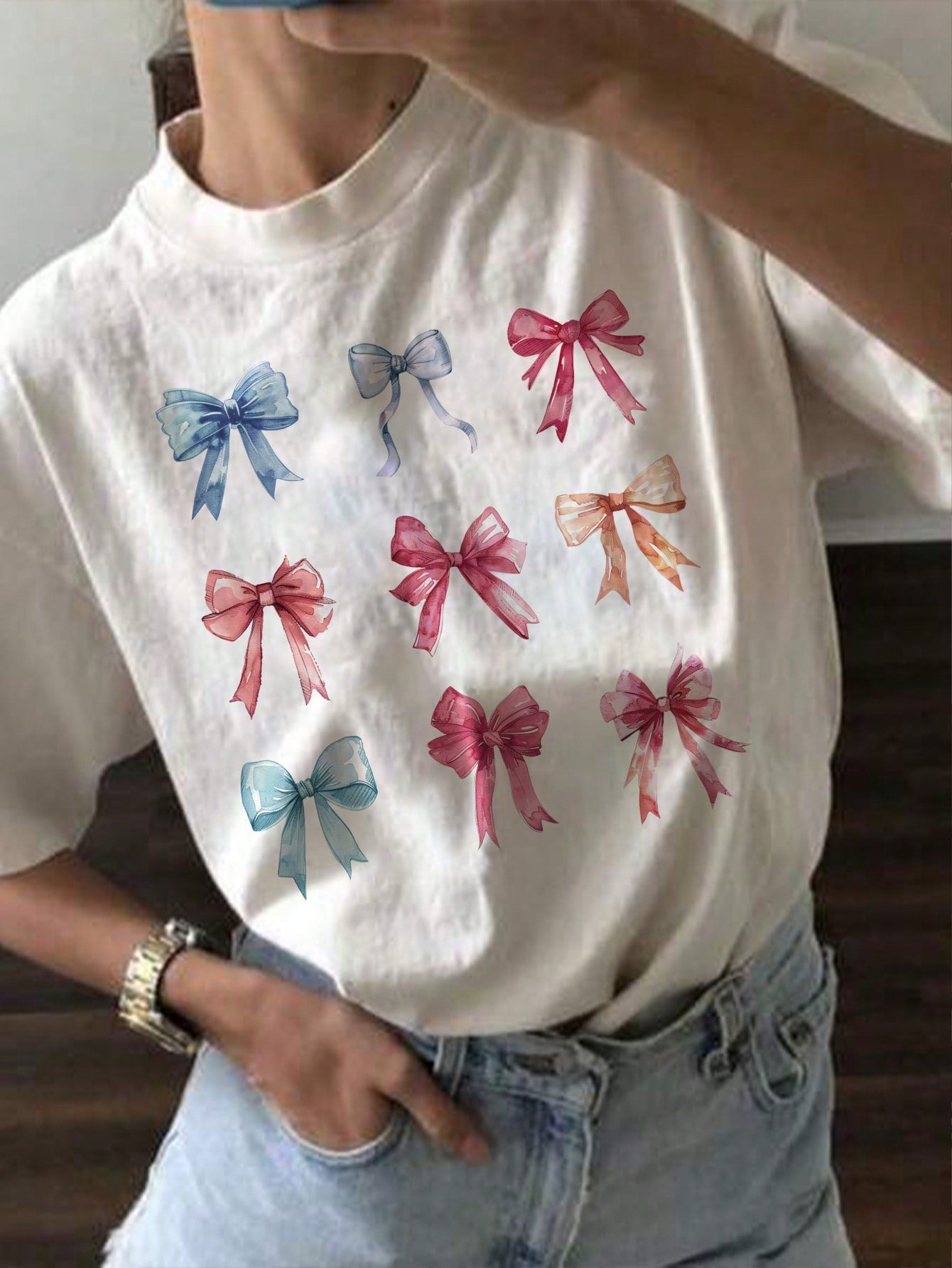 Oversized Cherry Print White Round Neck Short Sleeve T-Shirt, Casual And Simple, Super Loose Fit, Summer Women's Shirt