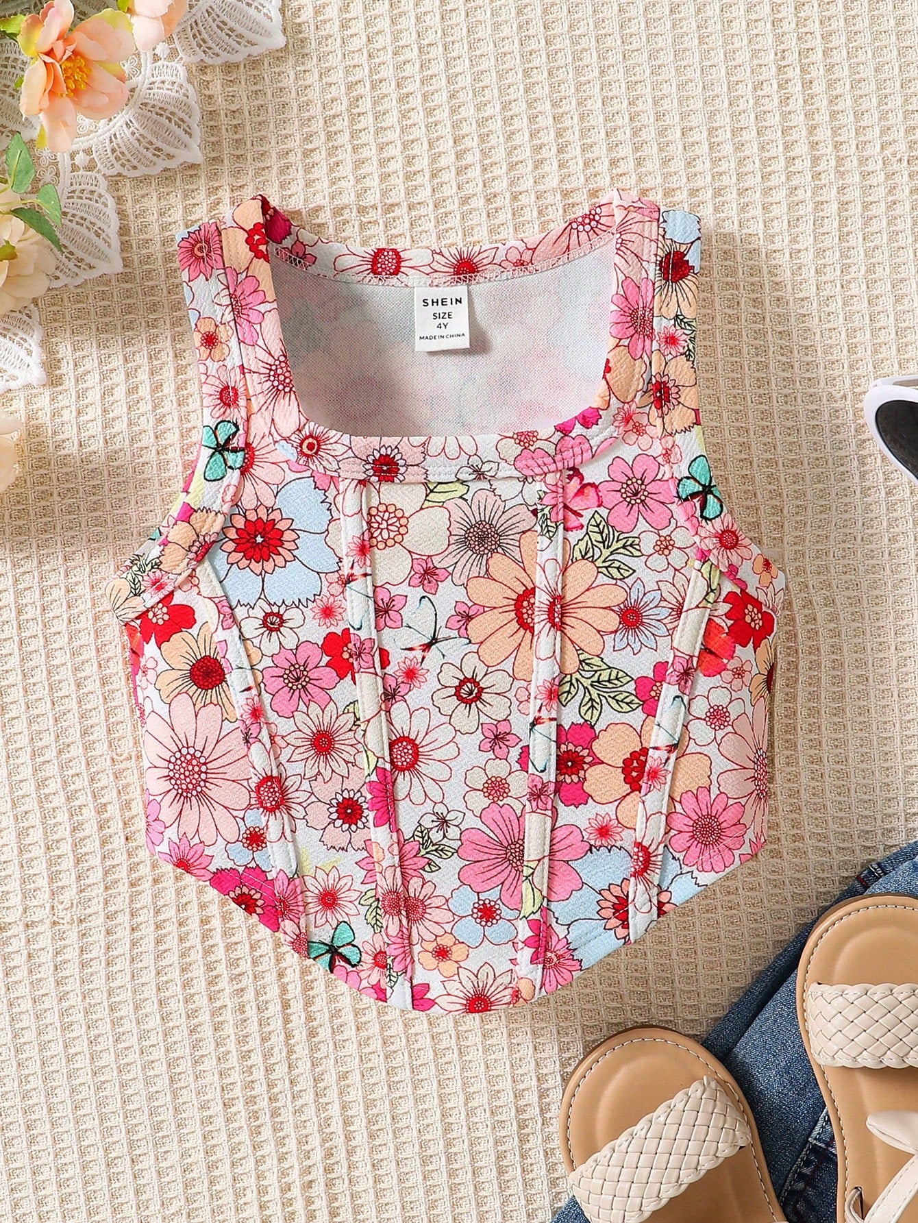 Young Girl Knitted Floral Print Round Neck Irregular Hem Loose-Fitting Casual Tank Top