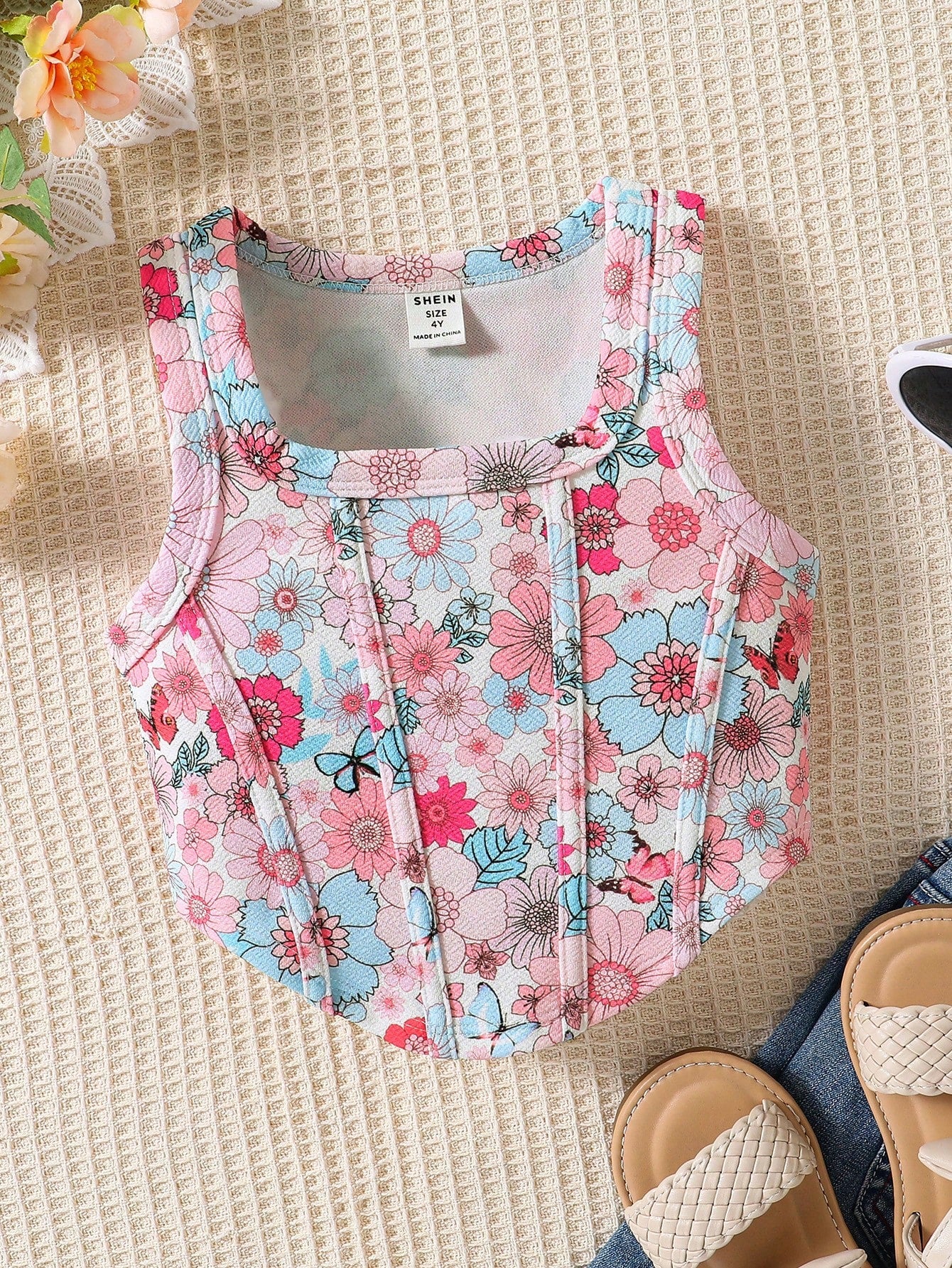 Young Girl Knitted Floral Print Round Neck Irregular Hem Loose-Fitting Casual Tank Top