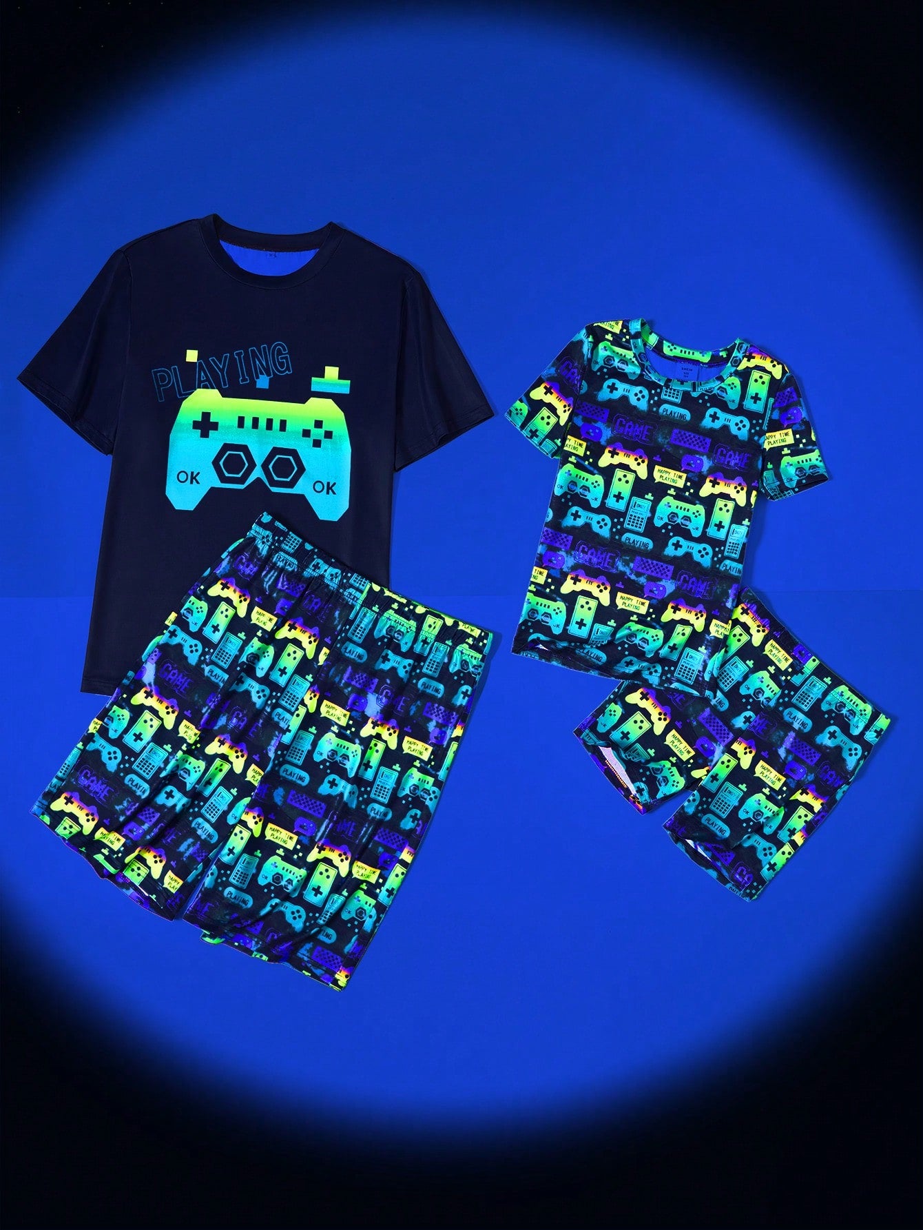 Boys' Football Glow-In-The-Dark Print Round Neck Short Sleeve T-Shirt & Shorts 2pcs Pajama Set