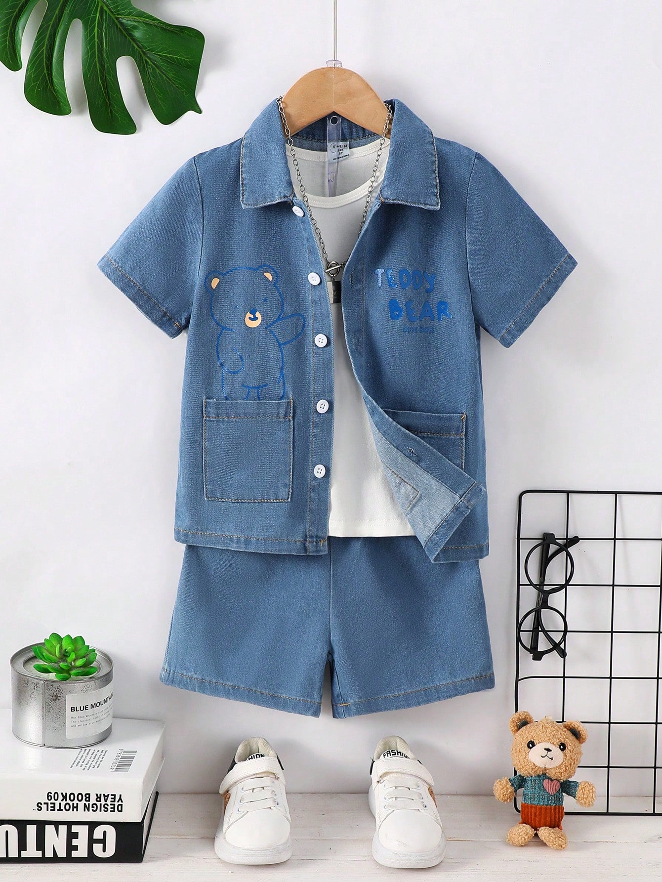 Young Boy Front Button Bear Pattern Short Sleeve Shirt + Denim Shorts Casual Two-Piece Set For Summer