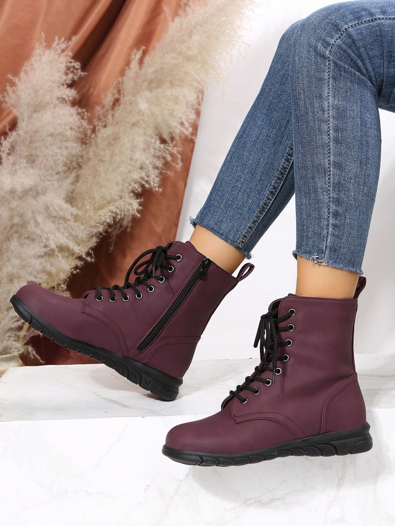 Women's Fashion Round Toe Flat Heel Mid-Calf Boots With Side Zipper And Lace-Up, Casual