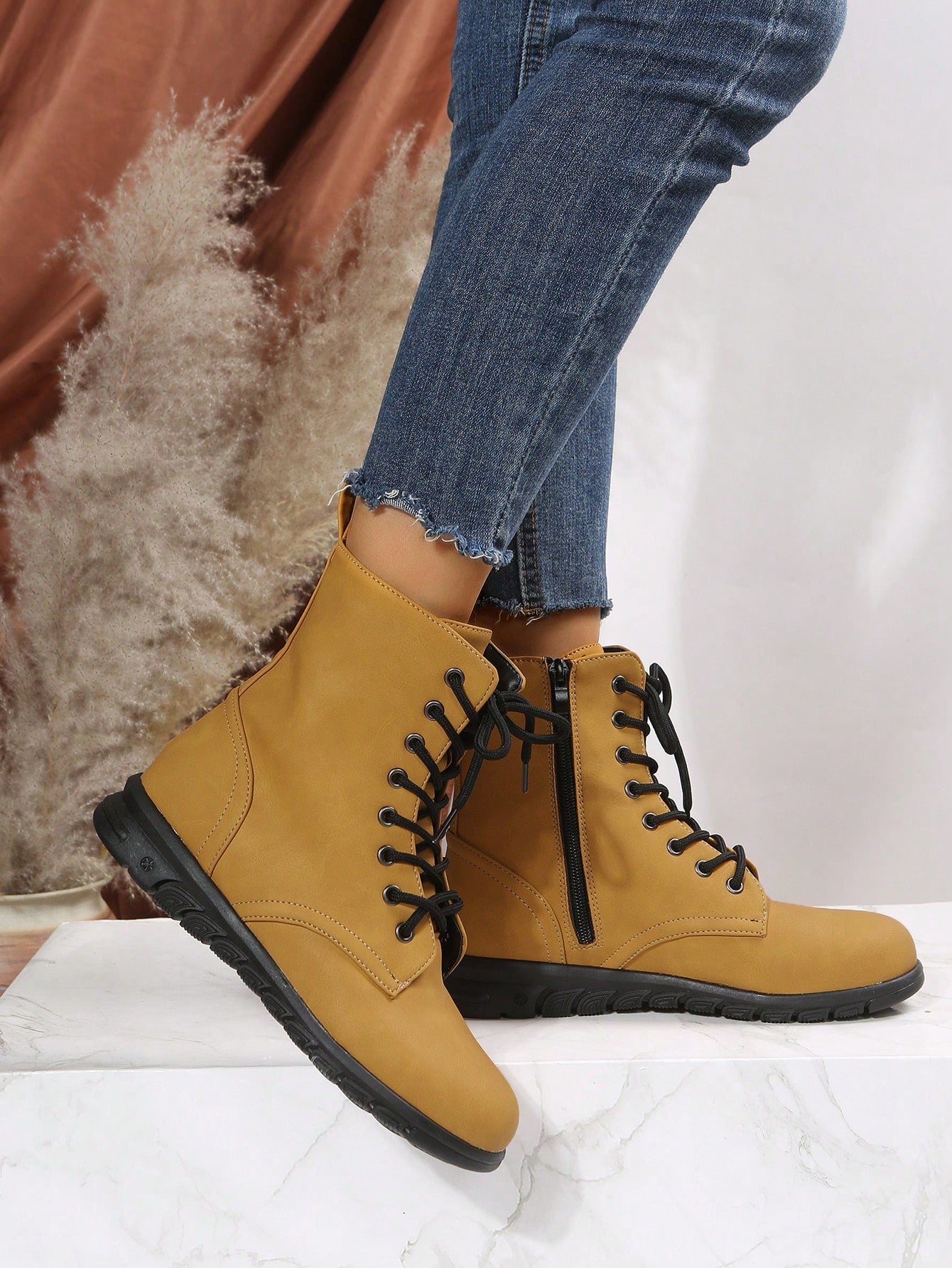 Women's Fashion Round Toe Flat Heel Mid-Calf Boots With Side Zipper And Lace-Up, Casual