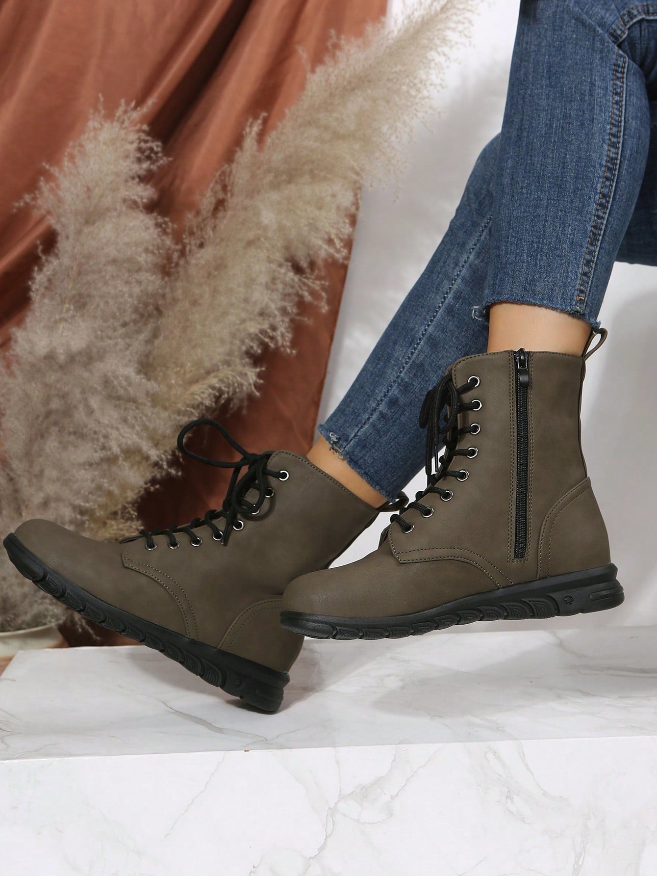 Women's Fashionable Flat Round Toe Side Zipper Casual Lace-Up Mid-Calf Boots