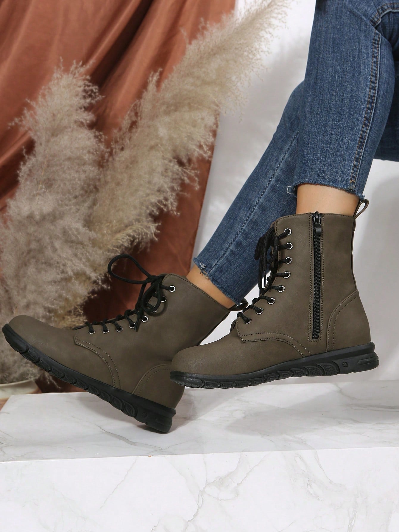 Women's Fashionable Flat Round Toe Shoes, Side Zipper Casual Lace-Up Mid-Calf Boots