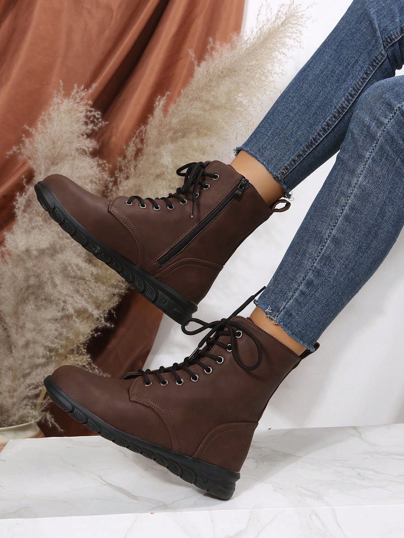 Women's Fashion Round Toe Flat Heel Mid-Calf Boots With Side Zipper And Lace-Up, Casual