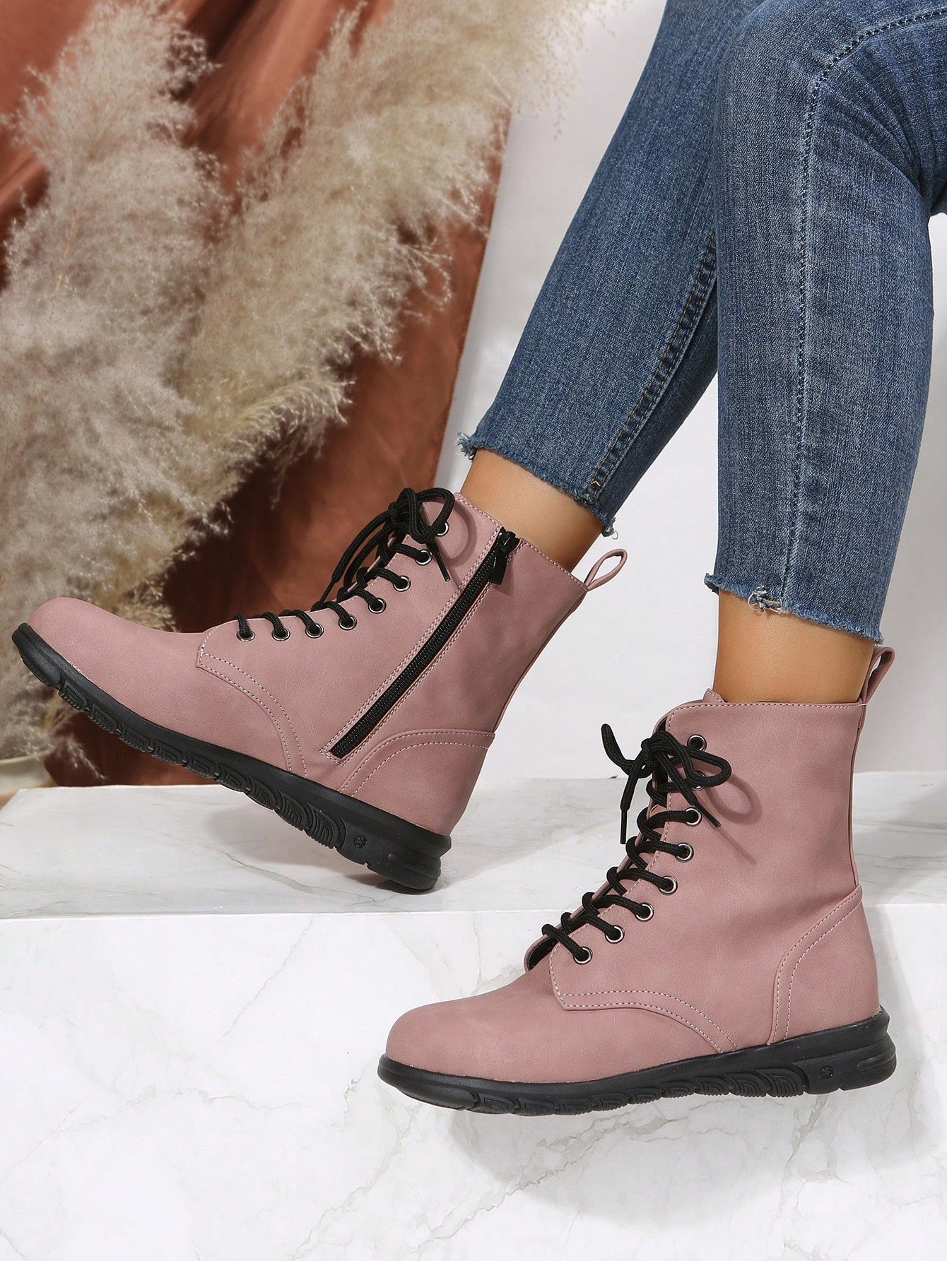 Women's Fashionable Flat Round Toe Side Zipper Casual Lace-Up Mid-Calf Boots