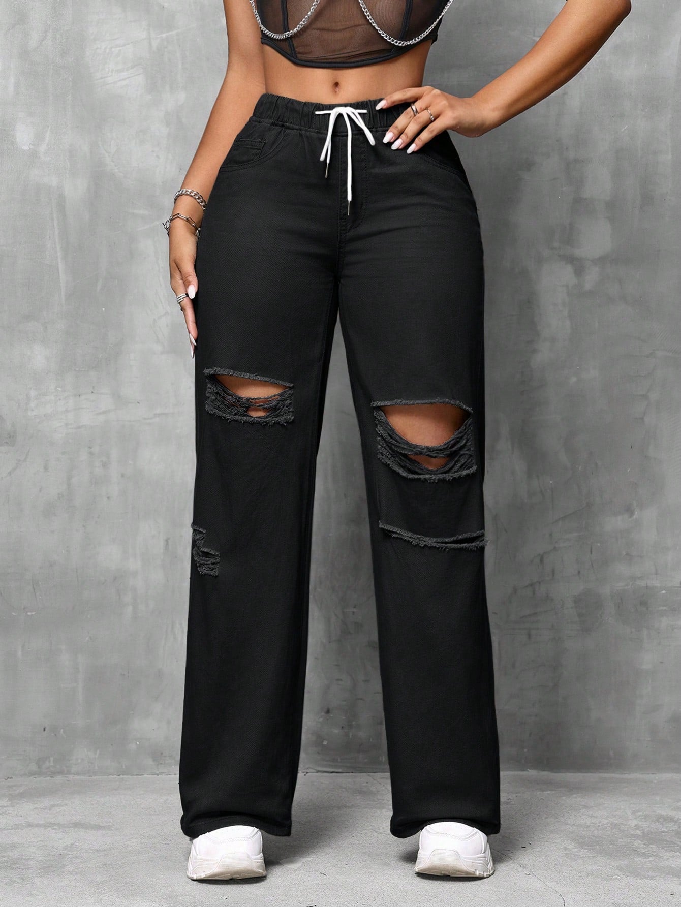 Drawstring Waist Cut Out Ripped Wide Leg Jeans