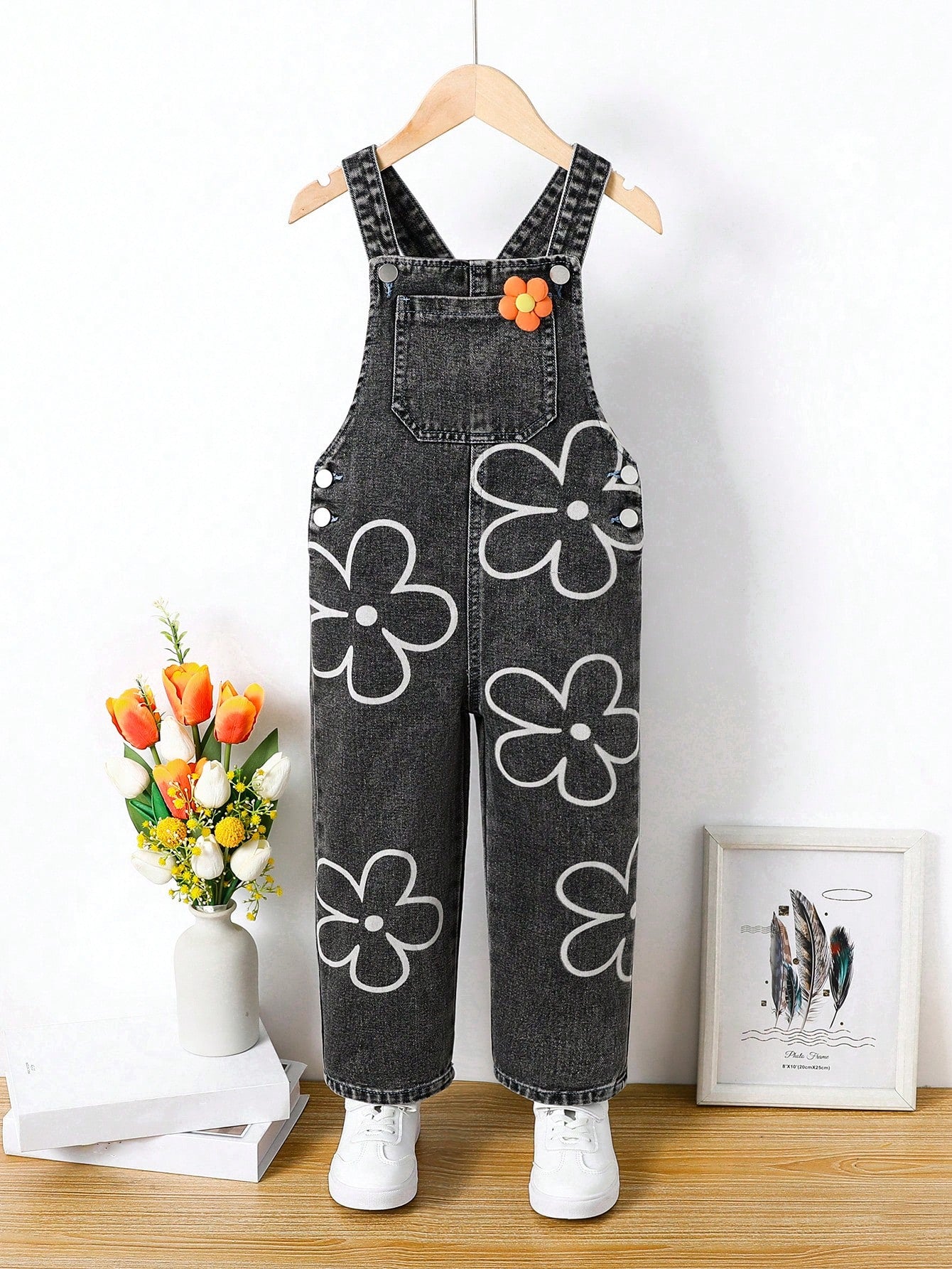 Young Girls Floral Printed Patchwork Sleeveless Denim Overalls With Pockets