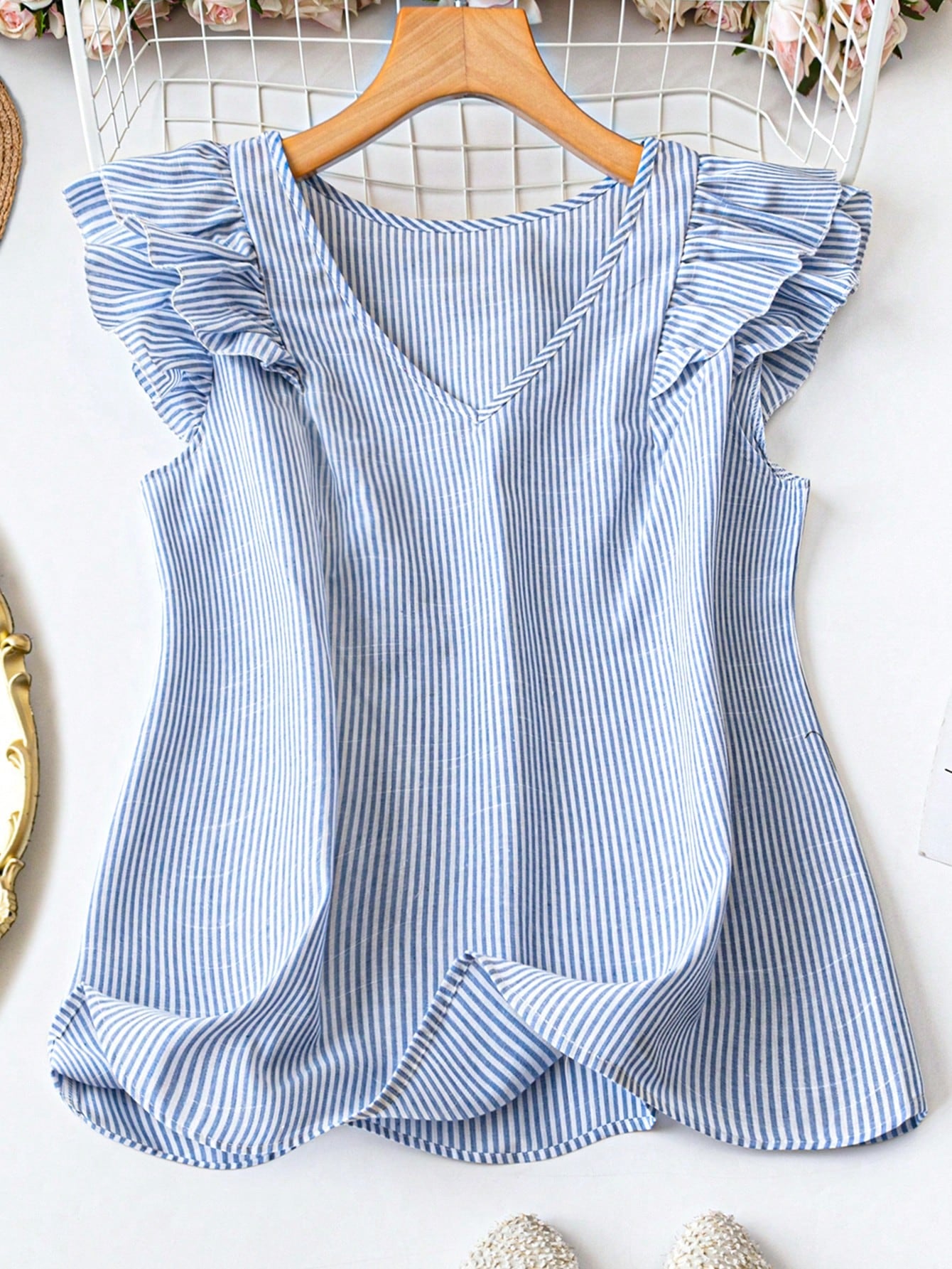 Plus Size Women's Summer Striped V-Neck Cap Sleeve Loose Casual Shirt