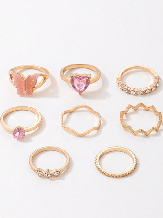 8pcs Sweet INS Style Pink Butterfly Ring Set, Including Heart-Shaped Diamond-Studded Ring